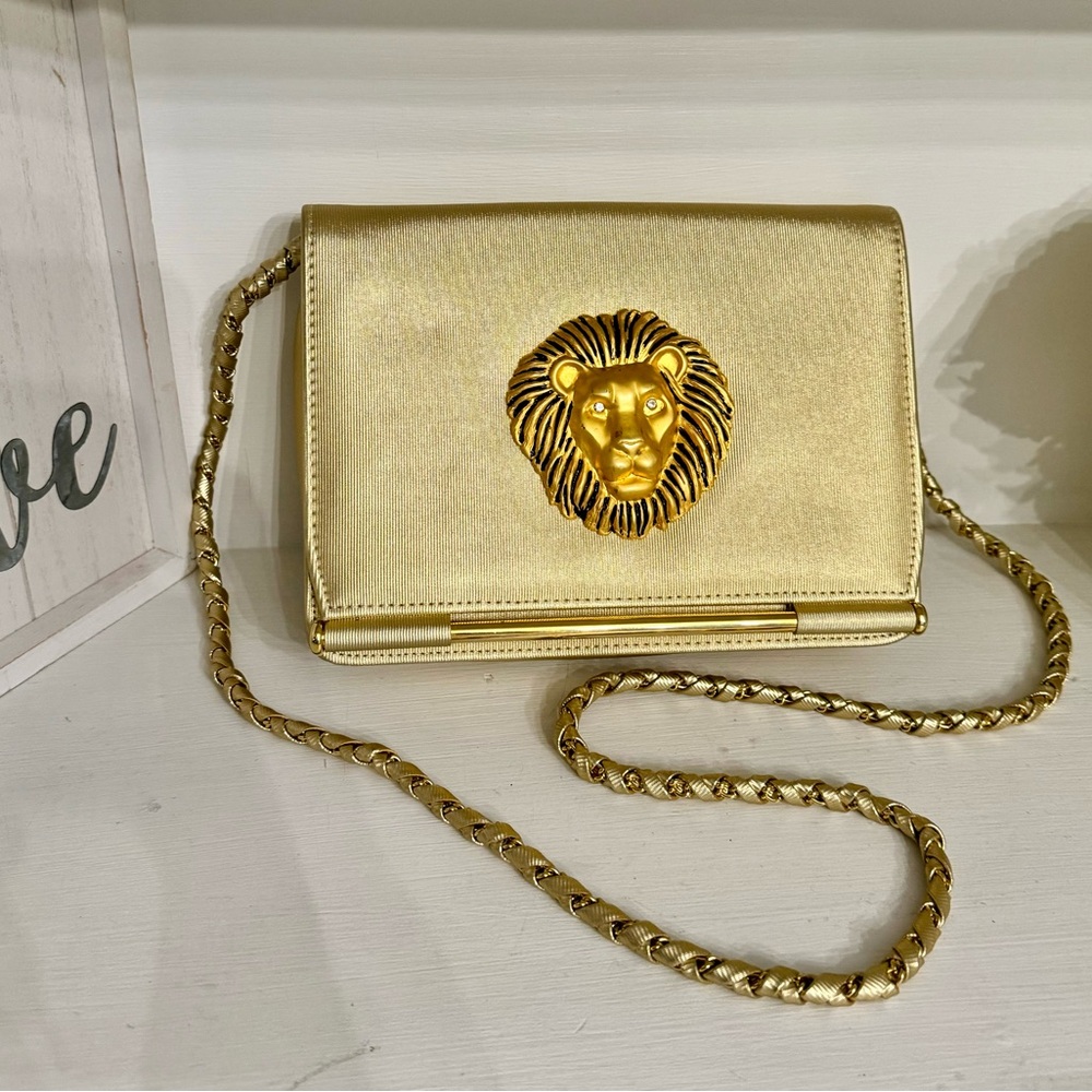 Vintage 1980’s Nima Gold Metal Lion Accent Rhinestone Eyes Crossbody Bag